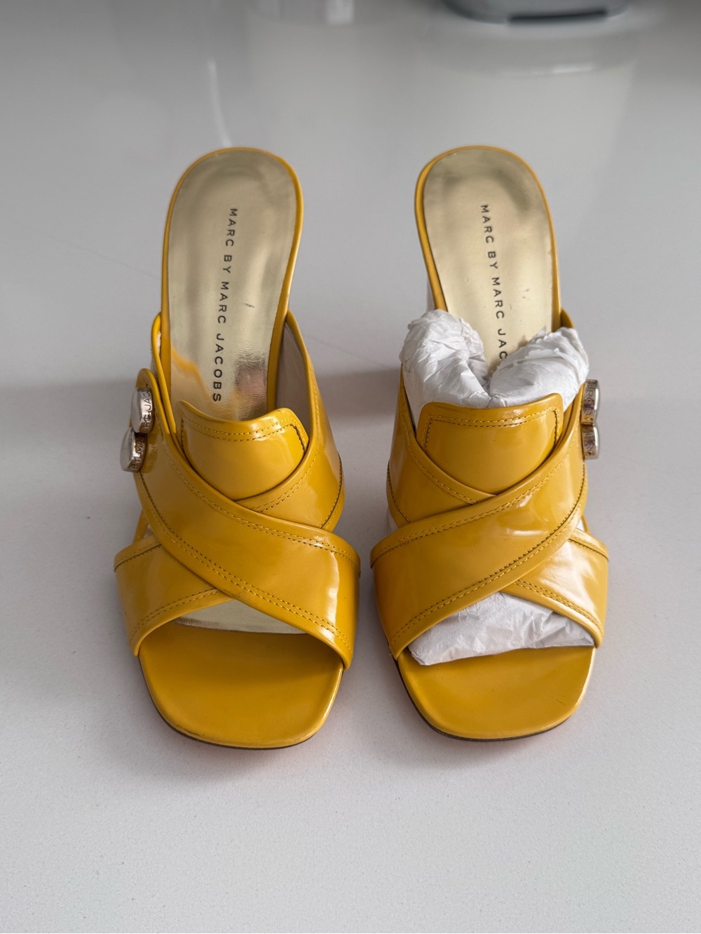 Marc by Marc Jacobs Yellow Patent Leather Crisscross Mules